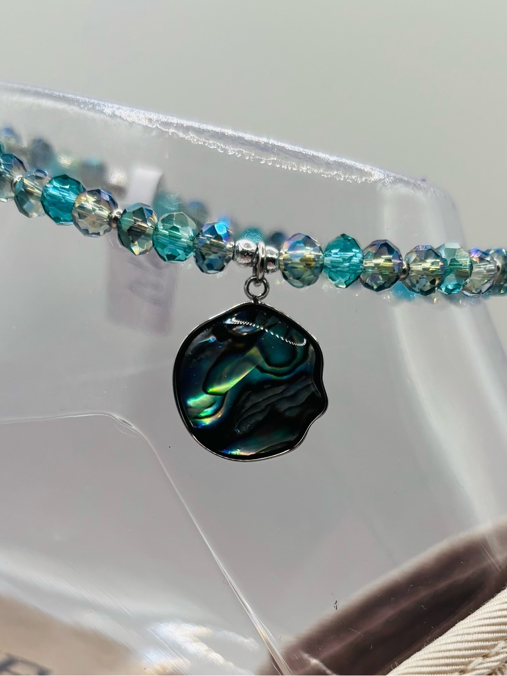 *ANKLET* S.Steel Abalone & AB Teal Blue Green Crystal Stretchy Anklet - Picture 5 of 7